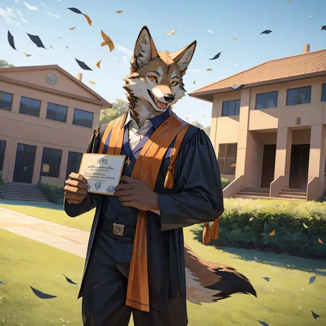 furry,alone,African wolf,man,Dark orange eyes(Realistic eye details 1.2),correct anatomy,Wear a graduation gown..,black pants,Realistic costume details,Holding certificate in left hand 1.2,(Realistic holding details 1.4),Look at the audience..,Behind is a ...