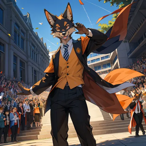 furry,alone,African wolf,man,Dark orange eyes(Realistic eye details 1.2),correct anatomy,Wear a graduation gown..,black pants,Realistic costume details,,Wave your left hand back and forth..,Look at the audience..,Behind is a lawn and a school building..,Ha...