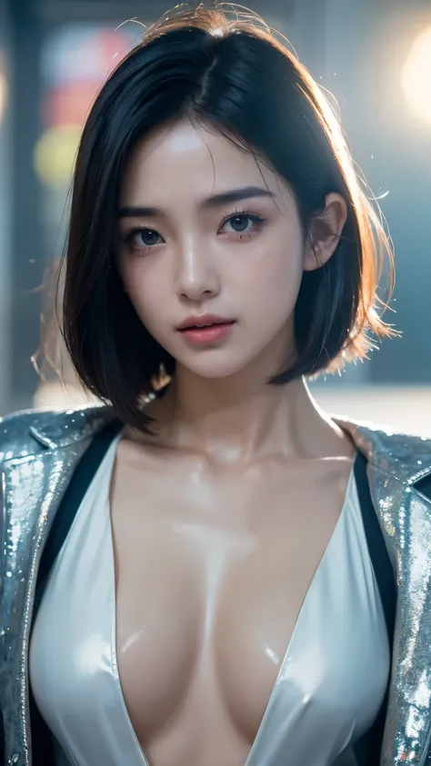 (detailed sci-fi scene:1.2), style of glitter and chrome, Cinematic photography, a cute girl, 22 years old, short silver hair, (showing deep cleavage), (tanned oily skin), glossy skin, ((cute face)), Porta 160 color, shot on ARRI ALEXA 65, bokeh lights, sh...