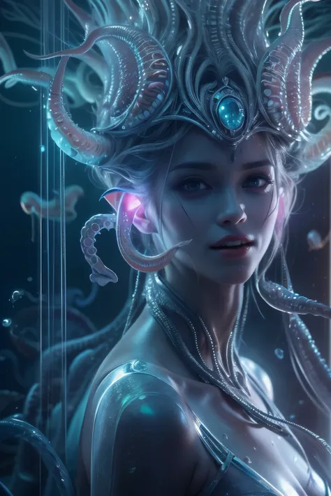 (A portrait of one beautiful and obscene female alien in the water of the deep sea, who is a young teenager:1.4), ((There is a female genital-like organ in the middle of her forehead:1.8)), (realistic face:1.2), (Numerous award-winning masterpieces, with i...