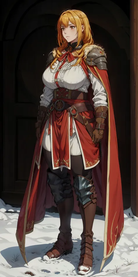 full body standind straight symmetrical, FEMALE warrior princess, big belt around waist, hair, very white skin like snow, wearing full heavy armor red cape, brown leather boots, adventurer outfi, veteran warrior