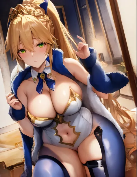 masterpiece, best quality, absurdres, soft lighting, looking at viewer, (light_smile:0.6),
1girl, ahoge, rabbit ears, playboy bunny, artoria pendragon (swimsuit ruler) (fate), large breasts , blonde hair, green eyes, french braid,  pony tail
bare shoulders...