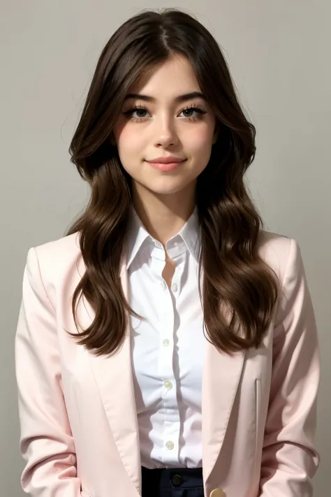 25years old beautiful-looking girl little smile, wearing a light pink suit jacket, and white shirt. ,(( one standing Celeste Verona looking at camera)), simple one colour background