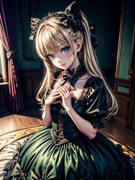 prompt: 8K resolution, delicate features, , single, Unique pupils, a teasing smile, blonde, princess cut, Bow hair ornament, brooch, shiny dark green dress, lolita style, gothic style, Folded hands, facing the viewer, Otaku Room, Female imps