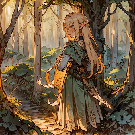 (Very detailed scene, focus on the background) Blond haired elven girl, tsundere, confident, from behind (Background: gravel path through forest, few deciduous trees,) 