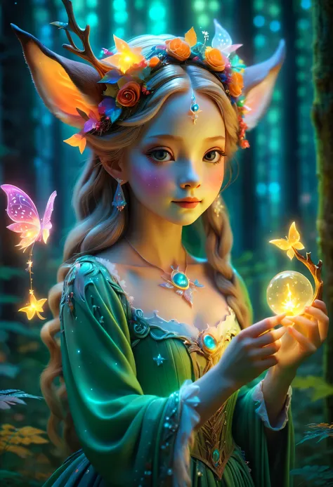 best quality，4K，8k，HD，masterpiece：1.2，super detailed，lifelike：1.37，flash，enchanted forest，magical atmosphere，charming scenery，rich and colorful，（闪闪glow的仙女，queen of the forest，Charming witches，Carefully cast，French formation），Cute fawn，glow，fluorescence，wan...