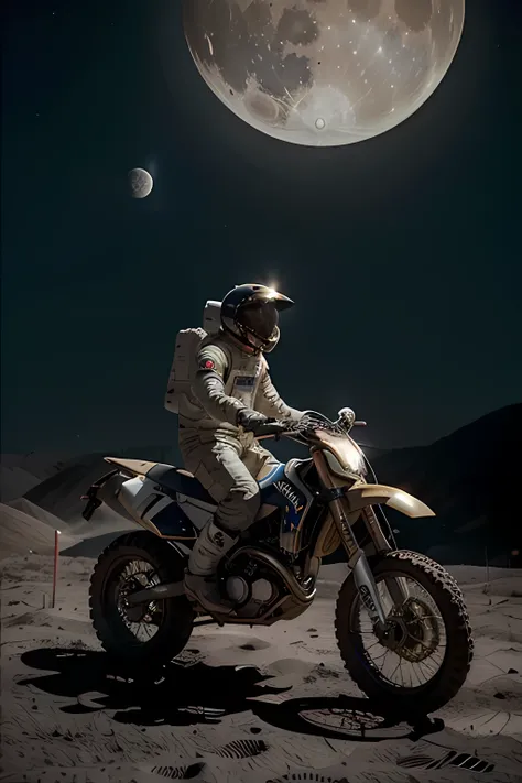 astronaut, out in space, wearing space suit, wearing space helmet, riding dirt bike on flat surface of moon, moon surface, ultra realistic image, cosmos background, universe theme