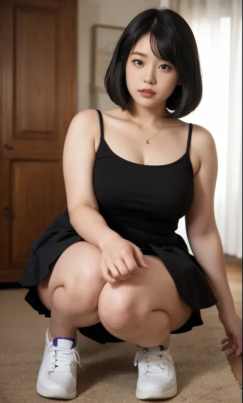 a beautiful beauty, long black hair, big eyes, round face, dress, tight purple skirt, sneakers , slightly fat, plump and sexy, d...