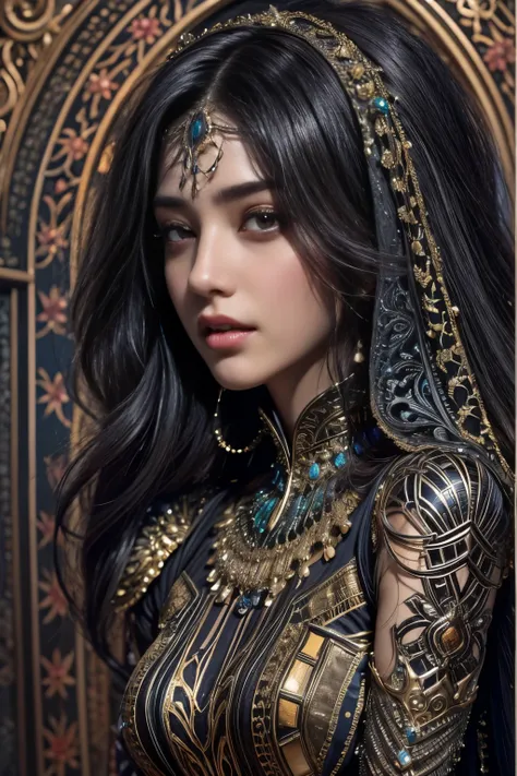 portrait, One exotic teenage Saudi Arabian girl, who has the most beautiful face in the world,  (18 years old:1.3), stands in the grand hall of the Arabian palace, her hand casually resting on her slender waist. Her intricately designed gauntlets glint in ...