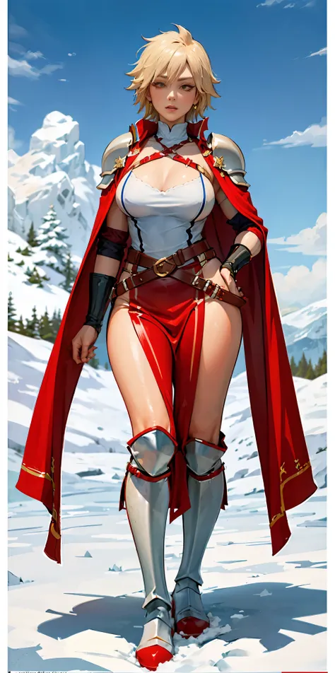 full body standind straight symmetrical, female warrior princess, big belt around waist, hair, very white skin like snow, wearin...