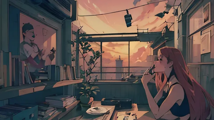 (girl watching the sunset from the window,Admire detailed portraits,Admire the anime art style,I admire hip hop,appreciate art,An admiring atmospheres,feeling of admiration,beautiful portrait,An admiring atmosphere, chillhop, anime atmosphere,admiring colo...