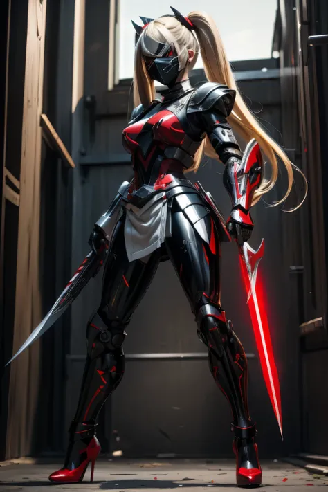 young Caucasian girl, blonde, twin tail hair style, red eyes, cool killer eyes, assassin,  wearing a robotic black mask, wearing sexy maid battle dress armor, legs made of metal, wearing red stiletto shoes, holding knife on left hand and gun on right hand,...