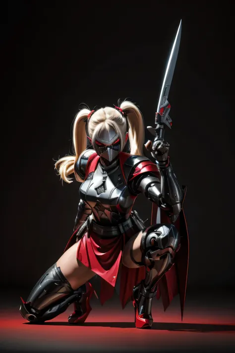 young Caucasian girl, blonde, twin tail hair style, red eyes, cool killer eyes, assassin,  wearing a robotic black mask, wearing sexy maid battle dress armor, legs made of metal, wearing red stiletto shoes, holding knife on left hand and gun on right hand,...