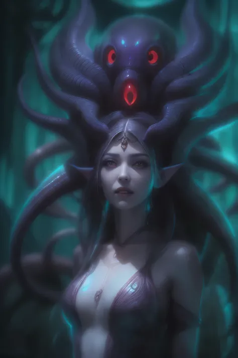 (1 beautiful and obscene female alien:1.4), (There is a female genital-like organ in the middle of her forehead:1.95), She has medusa-like hair, (there are lots of translucent tentacles from her head like her hair:1.5), (vulgarity1.7), (she is looking down...