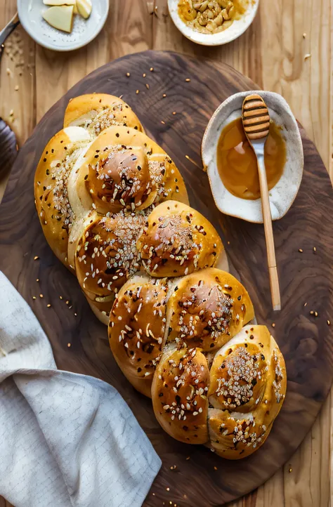 a close up of a loaf of bread on a wooden board with honey, luscious with sesame seeds, voluptuous sesame seed bun, sexy sesame ...