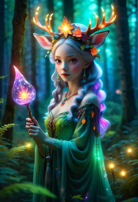 best quality，4K，8k，HD，masterpiece：1.2，super detailed，lifelike：1.37，flash，enchanted forest，magical atmosphere，charming scenery，rich and colorful，（闪闪glow的仙女，queen of the forest，Charming witches，Carefully cast，French formation），Cute fawn，glow，fluorescence，wan...