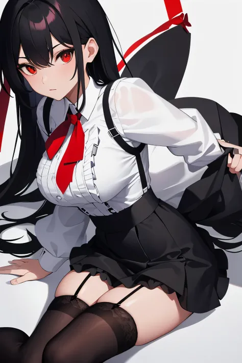  tight white shirt; thin red ribbon around the neck serving as a tie; slim orange sweatshirt; black mid-thigh length skirt; striped stockings, white with black, with ruffles at the top; black garter belt; erotic lingerie; black bra with ruffles; black pant...