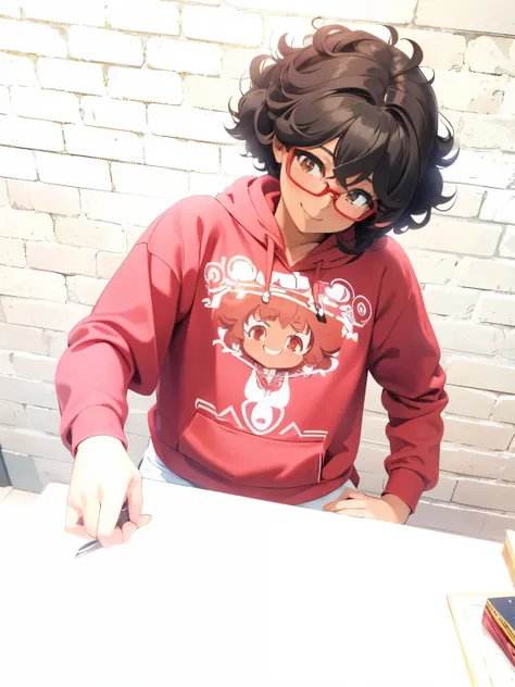 1girl, anime girl, anime style, anime, dark skin, beautiful, cute girl, curly hair, cute face, cutie, red hoodie, glasses, smile, warm smile, heavenly light, angelic, high definition, masterpiece, radiant, perfection, perfect face