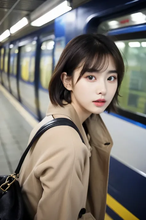 Beautiful Korean fashion model bokeh train movie photo