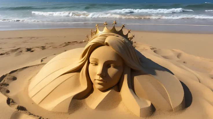 sand sculpture of KIDS GIRL BLONDE 12 years old, portrait, on the beach with a crown of thorns, his body buried in the sand, covered in sand, buried in sand, , sand sculpture, his hands buried in his face, very beautiful masterpiece, beautiful image ever c...