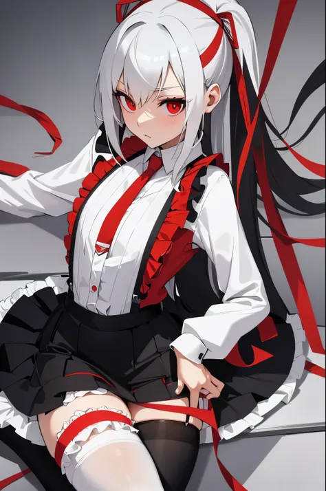  tight white shirt; thin red ribbon around the neck serving as a tie; slim orange sweatshirt; black mid-thigh length skirt; striped stockings, white with black, with ruffles at the top; black garter belt; erotic lingerie; black bra with ruffles; black pant...