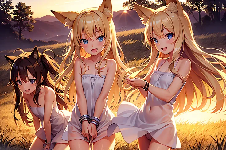 three naked blonde fox ears girls wearing bracelets. hands on crotch. Different hairstyles. Open mouth in a happy playful expression. Windy grassland with sunset lighting
