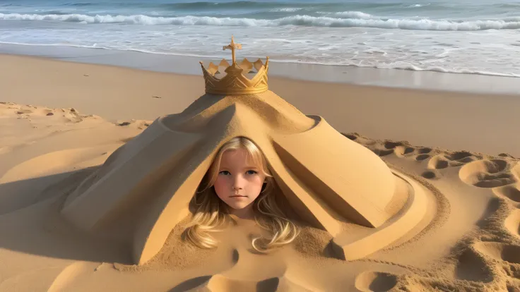 sand sculpture of KIDS GIRL BLONDE 12 years old, portrait, on the beach with a crown of thorns, his body buried in the sand, covered in sand, buried in sand, , sand sculpture, his hands buried in his face, very beautiful masterpiece, beautiful image ever c...