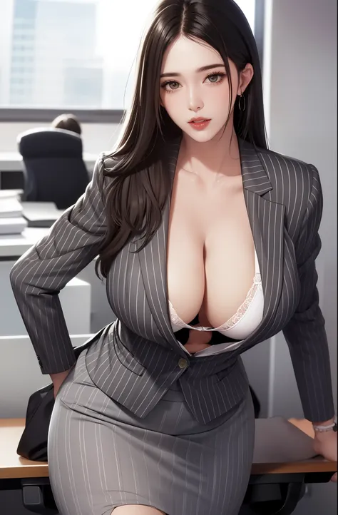 uma mulher bonita,cabelo escuro,seios gigantescos,seios enormes,busto muito grande,in gray business suit and stripe skirt,office...