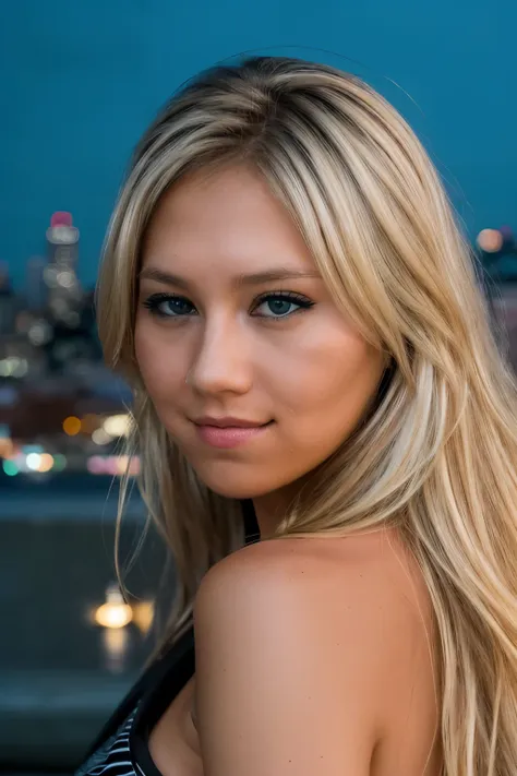 raw photo of annkou, against the backdrop of a cityscape illuminated by city lights, midshot portrait, blonde, realistic skin de...