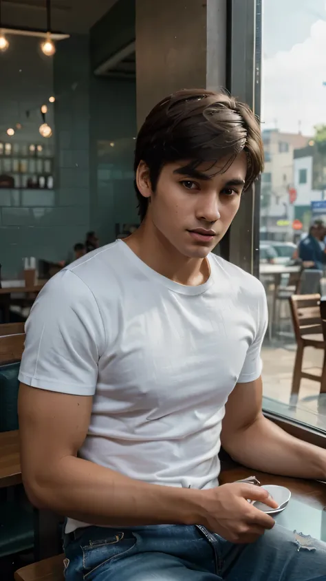 a 20-year-old boy with a masculine body is sitting in an Indian cafe. he is relaxing and an ordered tea is kept on the table. he is wearing a white T-shirt and blue denim jeans. The picture is taken behind a glass in the cafe.  highly detailed, with perfec...