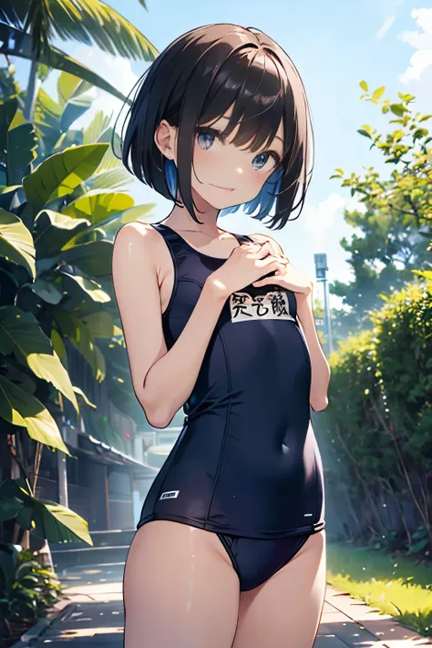 High quality、highest quality、complete limbs、Ultra high definition、Shining eyes、Full hands and fingers、slender beauty、bob cut、Wearing a school swimsuit、shiny skin、hold your butt、looking far away