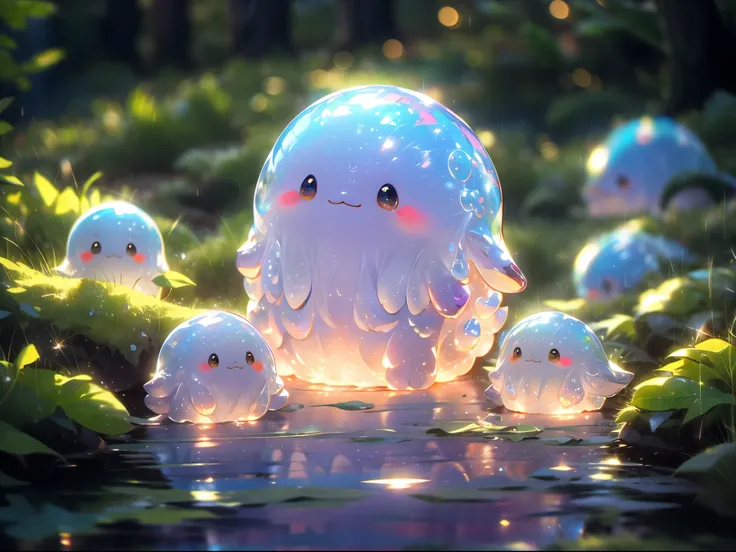 super cute slime, reflecting light, colorful bubbles, magical forest, ultra-detailed, best quality, soft lighting, fantasy style...