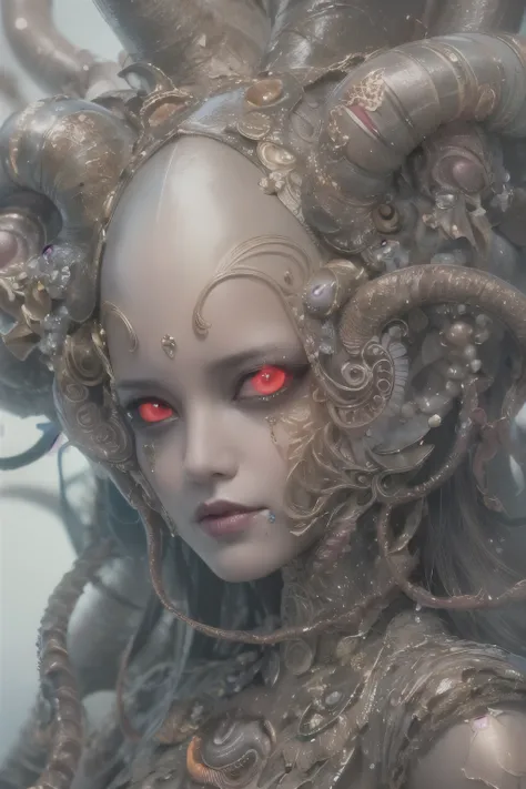 (1 beautiful and obscene female alien:1.4), (There is a female genital-like organ in the middle of her forehead:1.95), She has medusa-like hair, (there are lots of translucent tentacles from her head like her hair:1.5), (vulgarity1.7), (she is looking down...