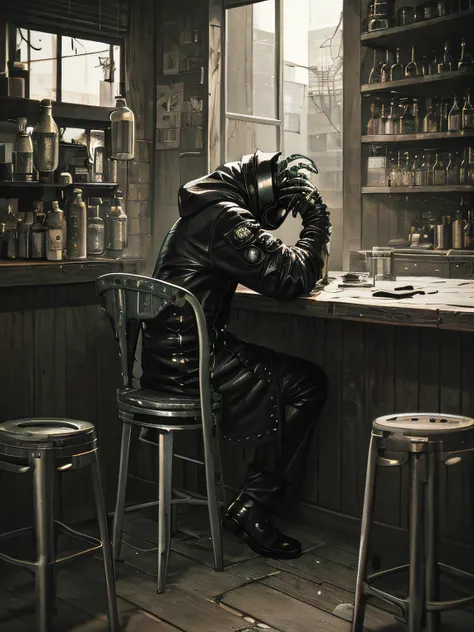 ((dark tentacle biopunk art)), ((horror tentacles)), man with covered face, Face in bandages, Black sunglasses, shoulder pads, leather gloves, closed jacket, two shields in hands, , (cold light), black oil liquids, dark empty tavern refuge, Gloomy Kitchen,...