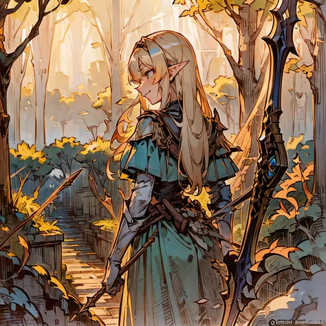 (Very detailed scene, focus on the background) Blond haired elven girl, tsundere, confident, smirking, from behind, crossbow on back, cocky(Background: gravel path through velley, few deciduous trees,) 