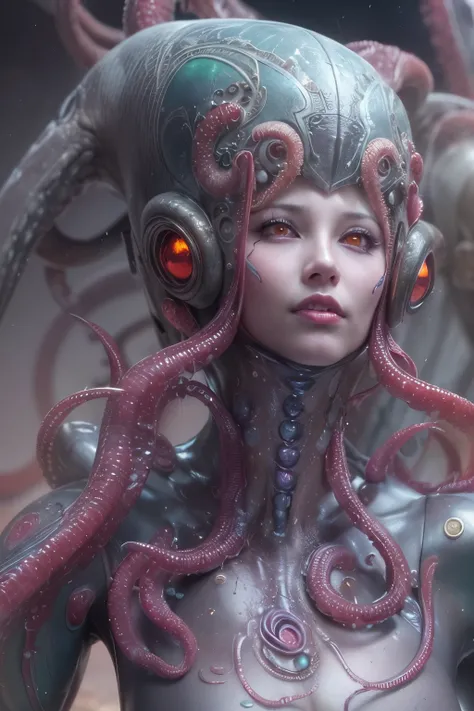 (1 beautiful and obscene female alien:1.4), (There is a female genital-like organ in the middle of her forehead:1.95), She has medusa-like hair, (there are lots of translucent tentacles from her head like her hair:1.5), (vulgarity1.7), (she is looking down...