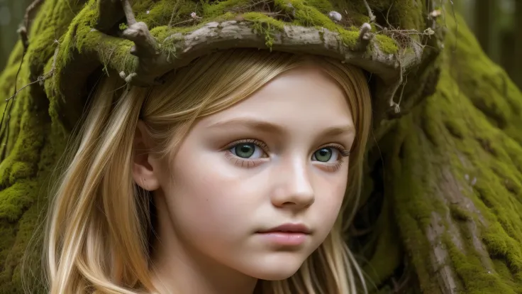 a close up of a statue of a KIDS GIRL BLONDE 12 years old, portrait, with moss growing on his face, god of nature, god of the forest, nature art, incredible art, mother nature, mossy head, made of vines, enchanted with nature spirit, his head covered in ro...