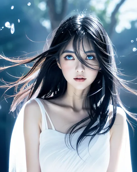 beautiful japanese woman　(whole body:1.2)　シンプルなwhiteのドレス　complex colored black hair　Super long hair with messy details　big magic eyes　dark blue moist eyes　 ice witch　white, smooth skin　natural makeup　fog　particles of light　light　wallpaper　high contrast　col...