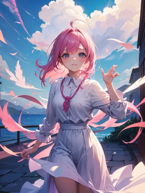 20th generation women、Pink hairstyle、Ahoge、casual clothes、Proud expression、iridescent wings on the back、one arm raised up、The weather is sunny but there are clouds