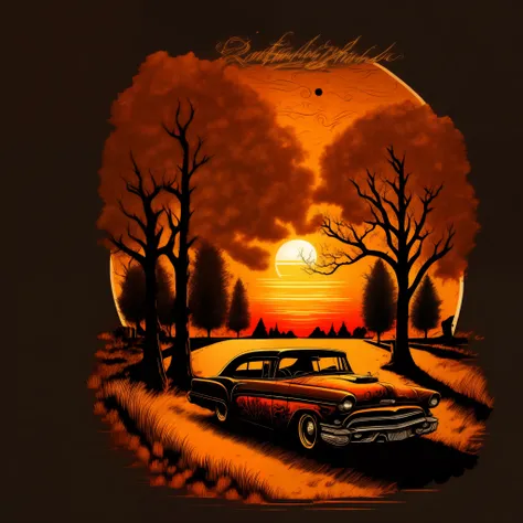 T-shirt design,Hand drawn illustrations, ratrod on the road,Sunset，Tree shadow