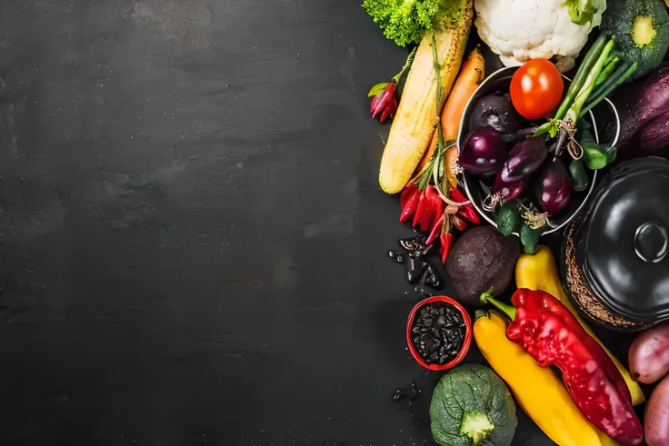 a close up of a variety of vegetables and fruits on a black surface, on a dark background, vegetables on table and candle, backg...