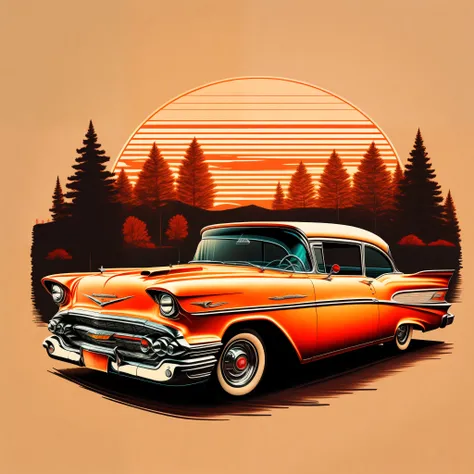 T-shirt design,Hand drawn illustrations, 1957chevy on the road,Sunset，Tree shadow