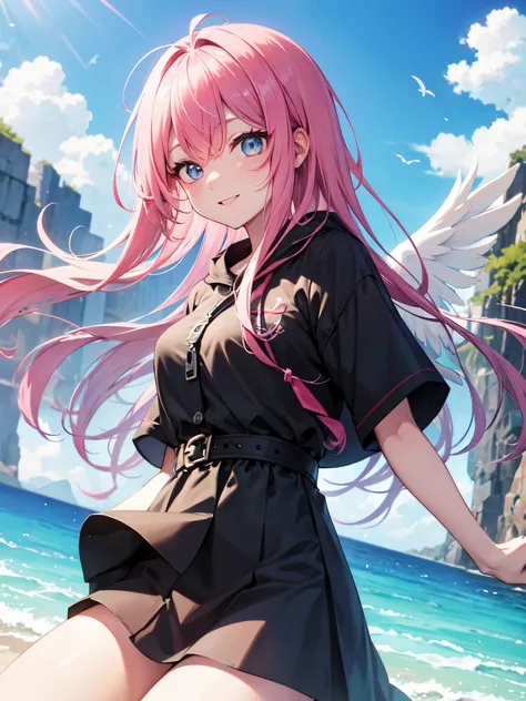 20th generation women、Pink hairstyle、Ahoge、casual clothes、Proud expression、iridescent wings on the back、one arm raised up、The weather is sunny but there are clouds