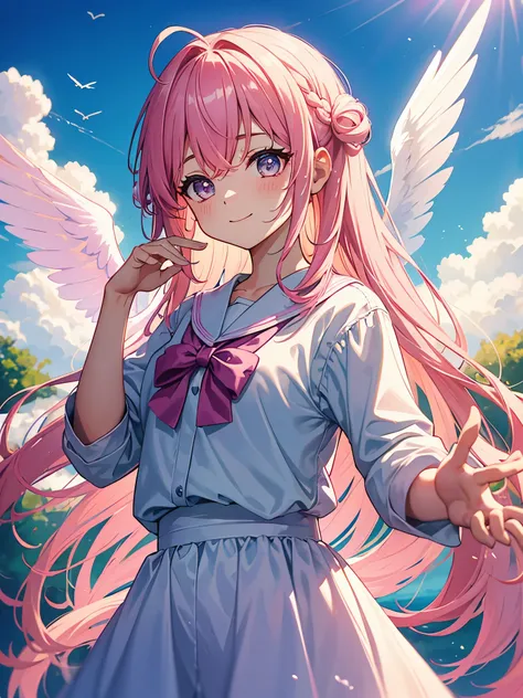 20th generation women、Pink hairstyle、Ahoge、casual clothes、Proud expression、iridescent wings on the back、one arm raised up、The weather is sunny but there are clouds