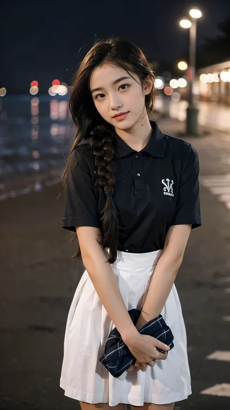 first-person perspective,a female high school student,seaside，night，uniform，lovely，twist braids