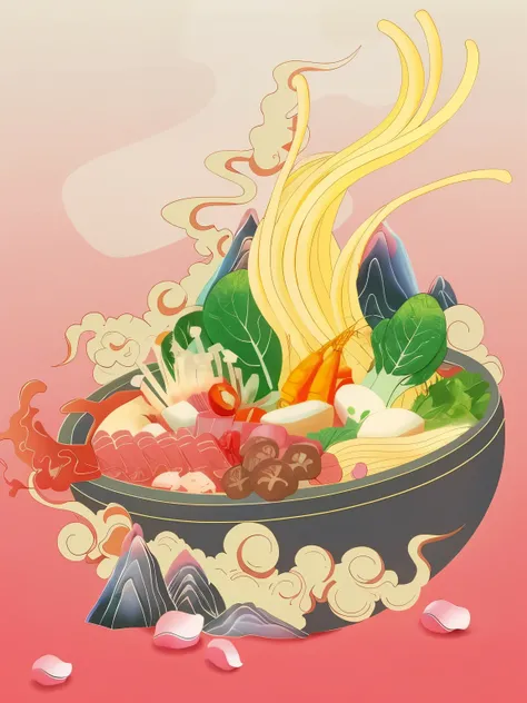 8K，9:16，A bowl of delicious food, filled with the aroma of rice noodles, vegetables, and various kinds of mushrooms, set against a vibrant red background with auspicious clouds hovering in the sky. The food is depicted in a stunningly detailed illustration...