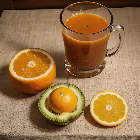 Generate a realistic, high-quality photo of a orange juice from above, with a visual style optimized for advertising. The image should highlight the freshness and variety of elements. include an attractive composition, with vibrant colors and lighting that...