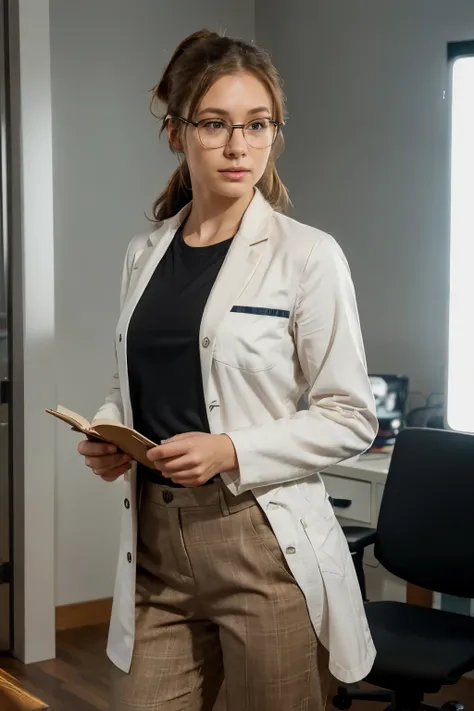 Full length photo of a young woman working in a lab (8k, RAW photo, best quality, masterpiece:1.2), (realistic, photorealistic:1.37), average height, chestnut brown hair with a ponytail, strands of hair on face, expressive hazel eyes with reading glasses, ...