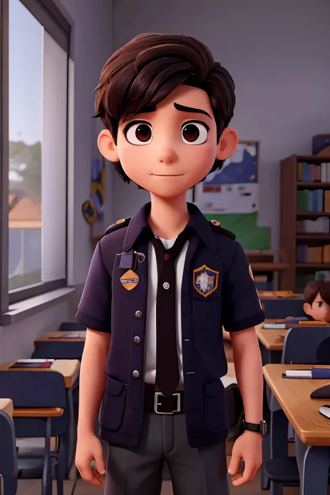 Un joven con uniforme escolar, con ojos morados y cabello negro oscuro, estaba estudiando seriamente.