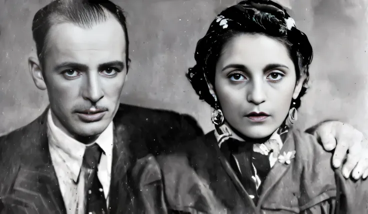 una foto en blanco y negro de un hombre y una mujer, a coloreado photo by Candido Bido, actitud, masurrealismo, coloreado, 1920s, dibujo mate